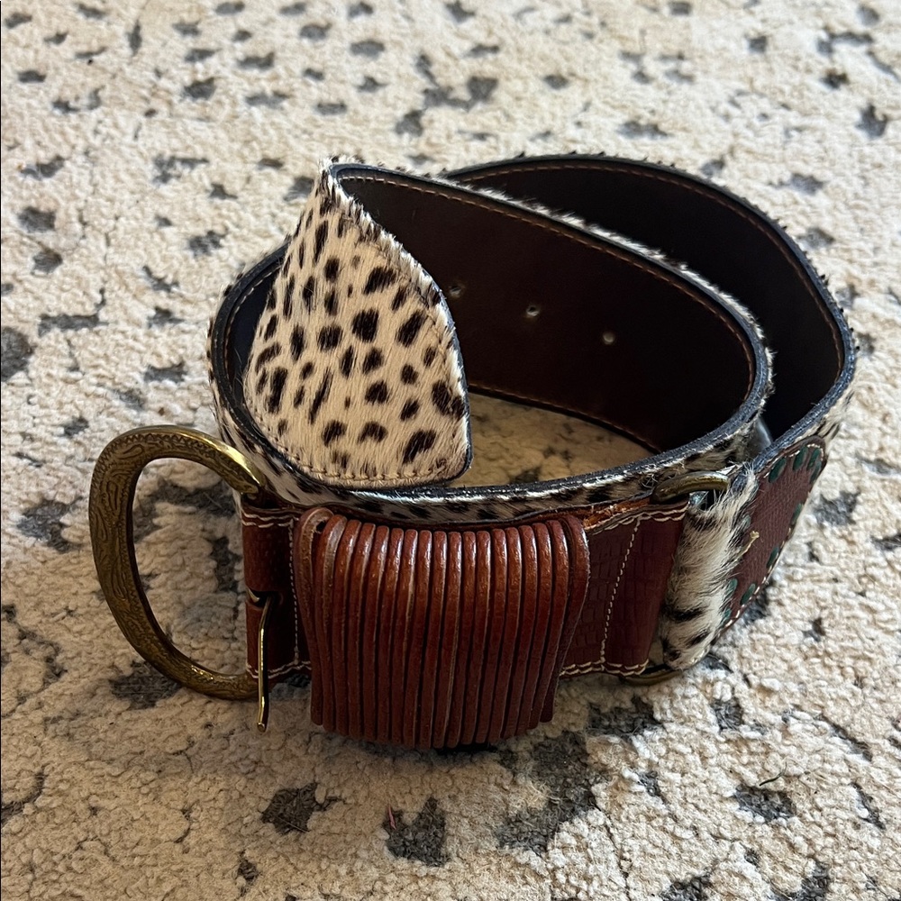 Leopard Print Leather Belt with Brass Buckle